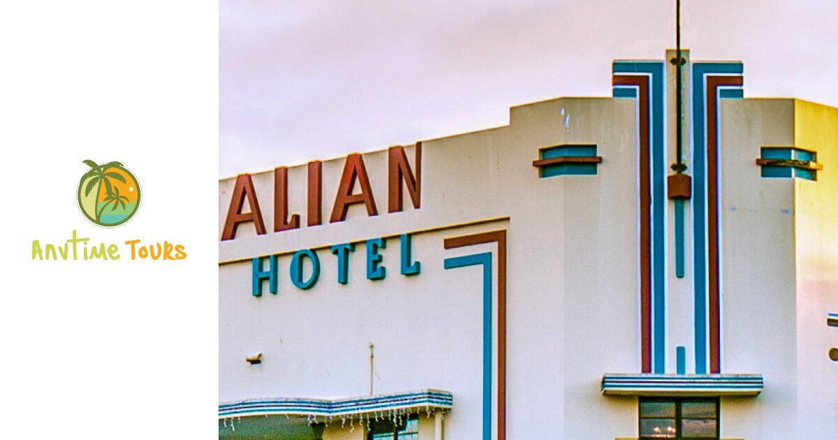 Art Deco Australian Hotel building with vibrant signage, representing the diverse destinations featured in Anytime Tours' local walking tours in Mackay